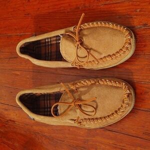 Green Leather / Suede Tan Moccasins with Flannel Lining Sz 12